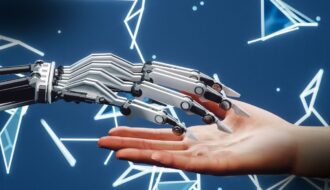Guia de Inteligência Artificial: mão humana e robótica entrelaçadas, simbolizando a sinergia entre humanos e IA, contra um fundo de linhas geométricas azuis abstratas.